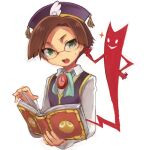  1boy blue_ribbon book brown_hair cropped_torso demon glasses green_eyes hat holding holding_book karatou klug_(puyopuyo) long_sleeves male_focus open_book open_mouth pocket_watch purple_hat purple_vest puyo_(puyopuyo) puyopuyo puyopuyo_fever ribbon shirt short_hair simple_background sparkle vest watch white_shirt wing_hat_ornament 