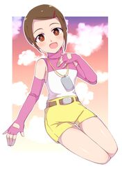  1girl belt brown_eyes brown_hair clouds digimon digimon_adventure_02 fingerless_gloves full_body gloves hair_ornament hairclip highres jewelry looking_at_viewer necklace open_mouth sanirasuto short_hair shorts smile solo yagami_hikari yellow_shorts 