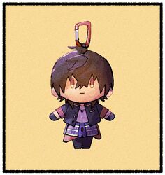  1boy black_footwear black_gloves black_jacket black_pants border brown_eyes brown_hair charm_(object) chibi closed_mouth full_body gloves jacket jewelry long_sleeves looking_at_viewer necklace nploser ookurikara pants purple_sash sash shirt shoes simple_background solo touken_ranbu white_border white_shirt yellow_background 