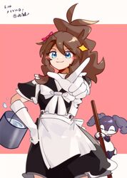  1girl ^_^ absurdres alternate_costume apron blue_eyes blush bow broom brown_hair bucket bucket_of_water c6h14o0918 cleaning closed_eyes closed_mouth enmaided gloves hair_between_eyes hair_bow hand_on_own_hip highres hilda_(pokemon) holding holding_broom holding_bucket indeedee indeedee_(female) index_finger_raised letterboxed long_hair maid outside_border pink_bow pointing pointing_at_viewer pokemon pokemon_bw red_background simple_background smile white_apron white_bow white_gloves 