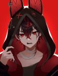  1boy animal_ear_hood bandaged_neck bandages black_hair black_hoodie black_nails black_shirt blood blood_on_bandages cross cross_earrings earrings eyebrow_cut eyebrow_piercing fingernails hair_between_eyes highres hood hoodie jewelry kuro_kurenai long_fingernails long_sleeves looking_at_viewer male_focus multicolored_hair open_mouth patchwork_skin piercing red_background red_eyes redhead safety_pin shirt short_hair single_earring solo streaked_hair sunshyne3 virtual_youtuber vshojo 