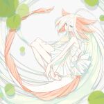  1girl absurdly_long_hair ahoge aqua_eyes artist_name axolotl_girl axolotl_tail closed_mouth dress fins full_body green_hair head_fins kinutani_yutaka knees_up lily_pad long_hair looking_at_viewer original simple_background solo tail very_long_hair white_background white_dress 