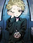  1boy bandaid bandaid_on_hand bathroom blonde_hair child clenched_teeth collared_shirt crying crying_with_eyes_open fisheye green_eyes hand_on_own_cheek hand_on_own_face hand_up hands_up highres indoors jiz_(pffbq) long_sleeves looking_at_viewer male_focus messy_hair mirror one_eye_closed shirt short_hair sink solo south_park tears teeth tile_wall tiles tweek_tweak upper_body very_short_hair wiping_tears 