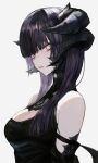  1girl absurdres arms_at_sides au_ra black_dress black_hair black_horns black_scales blunt_bangs commentary_request detached_sleeves dragon_girl dragon_horns dress final_fantasy final_fantasy_xiv from_side highres hime_cut horns long_hair looking_at_viewer maho_moco multicolored_eyes multiple_horns parted_lips red_eyes scales simple_background sleeveless sleeveless_dress solo teeth warrior_of_light_(ff14) white_background yellow_eyes 