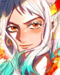  1girl a00xm aqua_hair close-up commentary earrings eyelashes highres horns jewelry looking_at_viewer multicolored_hair one_piece orange_eyes orange_horns portrait red_horns sidelocks smile solo tears v-shaped_eyebrows white_hair yamato_(one_piece) 