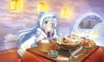  1girl ;) ahoge animal-themed_food animal_ears animal_hood artist_request baozi bear_ears bear_girl bear_tail blue_eyes blue_hair bowl bridal_gauntlets brooch detached_sleeves eating food food_in_mouth fur-trimmed_hood fur-trimmed_sleeves fur_trim holding holding_food hood hood_up igloo jewelry kotatsu ladle lamp lens_flare long_hair matsutake_(mushroom) musical_note official_art one_eye_closed show_by_rock!! sitting smile snow snow_shelter solo sparkle table tail third-party_source tsukino_(show_by_rock!!) upper_body winter 