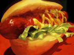  bread food food_focus hot_dog hot_dog_bun ketchup lettuce mustard no_humans obatti47 original sausage shadow table 