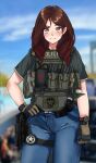  1girl black_shirt blue_pants blue_sky blurry blurry_background blush brown_eyes brown_gloves brown_hair closed_mouth clouds commentary day denim english_commentary gloves gun hand_on_own_hip highres holster jeans jizi load_bearing_vest medium_hair mole mole_under_mouth original outdoors pants police police_uniform policewoman shirt short_sleeves sky smile solo t-shirt tactical_clothes thigh_strap uniform united_states_marshal watch watch weapon 
