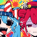  2girls blue_hair blue_hat blush_stickers bow drill_hair hair_bow hat hatsune_miku kasane_teto long_hair multiple_girls nekurothings open_mouth pink_eyes pink_hair pink_hat pixel_art portrait ribbon roblox_(medium) shaded_face sharp_teeth smile striped_bow striped_ribbon sweat teeth tongue tongue_out twin_drills twintails very_long_hair vocaloid 