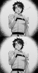 1boy commentary_request faceless faceless_male fate/grand_order fate_(series) fujimaru_ritsuka_(male) greyscale highres hxd long_sleeves male_focus monochrome open_mouth shirt solo yawning 