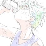  1boy arm_up can closed_eyes colored_shadow drinking head_back holding holding_can hunter_x_hunter killua_zoldyck male_focus messy_hair mito_tomiko muted_color neck partially_colored portrait purple_shirt shadow shirt short_hair simple_background sleeveless solo sweat watercolor_effect white_background 