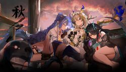  3girls arknights bead_bracelet beads bitey_(arknights) black_hair blue_hair blue_horns bracelet closed_eyes coat colored_skin dragon_girl dragon_horns dragon_tail dusk_(arknights) earrings eastern_dragon_tail fiery_tail flame-tipped_tail gradient_skin green_horns green_skin horns jewelry kyushi_(user_41158199) ling_(arknights) multicolored_hair multiple_girls open_clothes open_coat pants pointy_ears red_eyes shu_(arknights) siblings sisters strapless streaked_hair tail tassel tassel_earrings tube_top white_hair white_pants white_tube_top 