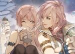  1boy 2girls bandana coat cup final_fantasy final_fantasy_xiii fingerless_gloves gloves hand_on_own_head hide_(hideout) highres holding holding_cup lightning_farron looking_at_another mug multiple_girls pink_hair serah_farron siblings side_ponytail sisters sitting sleeveless smile snow_villiers steam 