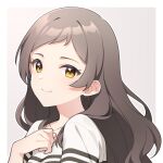  1girl brown_hair collarbone idolmaster idolmaster_million_live! kitazawa_shiho long_hair looking_at_viewer mikapoe portrait shirt simple_background smile solo striped_clothes striped_shirt two-tone_background very_long_hair yellow_eyes 