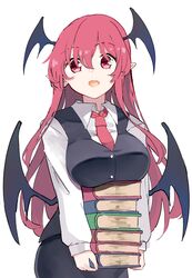  1girl black_skirt black_vest black_wings blush book breasts collared_shirt deetamu demon_wings head_wings highres holding holding_book koakuma large_breasts long_hair long_sleeves looking_at_viewer open_mouth pointy_ears red_eyes redhead shirt simple_background skirt solo touhou vest white_background white_shirt wings 