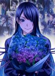  1girl ado_(utaite) blue_coat blue_eyes blue_flower blue_hair blue_rose blue_theme bouquet chando_(ado) closed_mouth cloud_nine_inc coat commentary_request flower highres holding holding_bouquet keeko_(kk_0012) long_hair long_sleeves mole mole_under_eye rose signature single_sidelock smile solo upper_body utaite wish_(ado) 