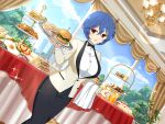  1girl amane_(senran_kagura) blue_hair bow bowtie breasts buffet burger cake chandelier cupcake day doughnut egg food french_fries hair_ornament hairpin holding holding_tray indoors jacket juice ketchup large_breasts light_blush looking_at_viewer multiple_hairpins non-web_source official_art omelet omurice open_mouth orange_juice red_eyes sandwich senran_kagura senran_kagura_new_link short_hair smile suit suit_jacket swiss_roll table tray tree waitress 
