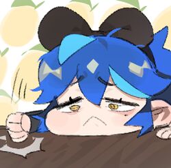  1girl black_hairband blue_hair chibi dif_(difman) difman english_commentary hairband lowres mole mole_under_eye original short_hair solo yellow_eyes 