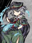  1other absurdres androgynous black_cape black_gloves black_hat cape closed_mouth collared_shirt commentary_request cowboy_shot dress fujiwara_no_shirogane_no_sanra gloves green_dress grey_eyes grey_hair hand_up hat highres len&#039;en neck_ribbon other_focus peaked_cap red_ribbon red_trim ribbon shirt short_hair short_sleeves solo tokiame_(style) torenn white_shirt yin_yang 