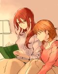  2girls alternate_costume arudrojfeno blanket book brown_hair closed_mouth collarbone desk_lamp feet_out_of_frame hair_between_eyes hair_over_shoulder head_on_another&#039;s_shoulder holding holding_book indoors kirijou_mitsuru knees_up lamp long_hair long_sleeves medium_hair multiple_girls open_book persona persona_3 persona_3_reload pink_shirt profile red_eyes redhead shirt sitting sleeping smile takeba_yukari under_covers white_shirt 