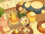  1girl blanket brown_eyes brown_hair closed_eyes coffee_mug coffee_table commentary_request couch cup doughnut drink food green_sweater highres holding holding_food indoors long_sleeves lying medium_hair mug on_back on_couch open_mouth pikachu plant pokemon pokemon_(creature) psyduck rug sitting sleeping slowpoke snorlax socks sumika_inagaki sweater table wooden_floor 