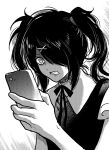  1girl ame-chan_(needy_girl_overdose) bags_under_eyes cellphone clenched_teeth glaring greyscale grimace hair_ornament hair_over_one_eye hair_tie hand_up holding holding_phone isayama_hajime_(style) jihecchi long_bangs looking_at_phone medium_hair messy_hair monochrome neck_ribbon needy_girl_overdose one_eye_covered parody phone ribbon screentones shaded_face shingeki_no_kyojin shirt short_sleeves sidelocks smartphone solo style_parody teeth twintails upper_body x_hair_ornament 