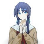  1girl blue_eyes blue_hair blue_ribbon brown_cardigan brown_shirt cardigan chinese_commentary closed_mouth commentary_request hair_ribbon hasu_no_sora_school_uniform highres kyoko_(akakikyoko) link!_like!_love_live! long_hair looking_at_viewer love_live! murano_sayaka neckerchief open_cardigan open_clothes own_hands_together red_neckerchief ribbon sailor_collar sailor_shirt school_uniform shirt simple_background smile solo upper_body white_background white_sailor_collar 