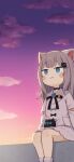  1girl :3 animal_ears arms_at_sides asiva_(asivainu) black_choker black_ribbon blue_eyes blush_stickers cat_ears cat_girl cat_hair_ornament choker closed_mouth clouds commentary_request evening feet_out_of_frame grey_hair hair_ornament highres indie_virtual_youtuber legs_together long_bangs long_hair long_sleeves looking_ahead miniskirt nachoneko neck_ribbon night night_sky outdoors ribbon shirt sidelocks skirt sky smile socks solo star_(sky) virtual_youtuber white_shirt white_skirt white_socks 