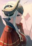  1girl breasts cape commentary_request edelgard_von_hresvelg fire_emblem fire_emblem:_three_houses from_side gloves hand_on_own_chin helmet highres horns labebebe_lee large_breasts long_hair looking_at_viewer outdoors profile sidelocks sky solo upper_body violet_eyes white_hair 