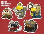  2girls 3boys animal_ears armor backpack bag blonde_hair blue_capelet blue_robe bob-omb brown_hair capelet copyright_name crossover dungeon_meshi facial_hair fake_horns fang goomba hair_ribbon helmet highres holding holding_staff holding_sword holding_weapon horned_helmet horns izutsumi koopa_troopa laios_touden marcille_donato mario mouse_girl multiple_boys multiple_girls no_humans outline paper_mario paper_mario:_the_thousand_year_door red_background red_ribbon red_scarf ribbon robe scarf senshi_(dungeon_meshi) shioinu_kemushi staff super_mario_bros. sword tail weapon white_outline 