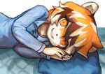  1girl animal_ears arknights blue_shirt buchi0122 claws commentary_request furry furry_female head_on_pillow highres looking_at_viewer on_bed orange_eyes shirt smile tiger_ears tiger_girl tiger_stripes waai_fu_(arknights) white_background 