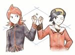  2boys asuka_rkgk clenched_hand closed_mouth ethan_(pokemon) fist_bump grin hand_up hat jacket long_hair looking_to_the_side male_focus multiple_boys one_eye_closed pokemon pokemon_hgss redhead shirt silver_(pokemon) smile teeth violet_eyes white_background 