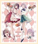  2girls absurdres argyle_background brown_hair burger drill_hair employee_uniform eyepatch fast_food fast_food_uniform food french_fries glasses heaven_burns_red highres higuchi_seika hiiragi_kozue interlocked_fingers kjhg1108 medium_hair multiple_girls one_eye_covered purple_hair skirt twin_drills uniform waitress 