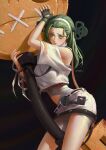  1girl a.b.a bags_under_eyes bandaged_chest bandaged_neck bandages dustykuro fingerless_gloves gloves green_eyes green_hair guilty_gear guilty_gear_strive headband highres key key_in_head long_hair looking_at_viewer object_through_head pale_skin paracelsus_(guilty_gear) stitched_mouth stitches white_headband 