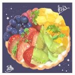  absurdres artist_name blueberry food food_focus fruit fruit_tart grapes highres kiwi_(fruit) kiwi_slice no_humans original strawberry strawberry_slice takisou_sou tart_(food) 