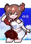  1girl blue_sky brown_eyes brown_hair clouds cowboy_shot double_bun fuyuse_takumi hair_bun kantai_collection miniskirt off_shoulder official_alternate_costume one_eye_closed open_mouth skirt sky smile solo swimsuit tan_yang_(kancolle) teeth upper_teeth_only yukikaze_(kancolle) 
