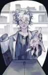  1boy black_shirt blue_eyes commentary glasses kanou_aogu lab_coat long_sleeves looking_at_viewer male_focus open_clothes open_mouth reaching reaching_towards_viewer saibou_shinkyoku sanglom shirt short_hair smile solo symbol-only_commentary upper_body white_hair 