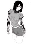  1girl bad_id bad_pixiv_id black_hair breasts closed_mouth dende_(dndn222) greyscale highres large_breasts long_sleeves looking_at_viewer midriff monochrome navel original scan scan_artifacts shirt short_hair shorts sleeves_past_wrists solo standing striped_sleeves thighs traditional_media 