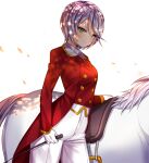  1girl animal buttons closed_mouth coat cowboy_shot double-breasted gambe gloves green_eyes grey_hair hair_between_eyes horse long_sleeves looking_at_viewer pants pretty_series pripara red_coat saddle shikyoin_hibiki short_hair smile solo standing third-party_source tree_shade white_background white_gloves white_pants 