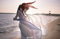  1girl absurdres alternate_costume amiya_(arknights) arknights bare_shoulders beach blue_eyes blurry blurry_background brown_hair chinese_commentary closed_mouth commentary_request day dress evening feet_out_of_frame highres holding holding_clothes holding_dress light_smile long_hair looking_down ocean outdoors photo_background ponytail profile reanalysis sketch sleeveless sleeveless_dress solo standing water watermark wedding_dress weibo_watermark white_dress 