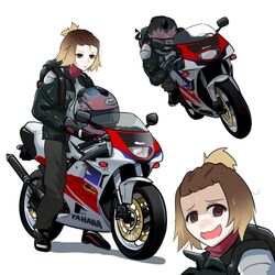  1girl @_@ absurdres barber_girl_(holeecrab) black_footwear black_helmet black_jacket black_pants blush brown_eyes brown_hair english_commentary flame_print gradient_hair helmet highres holeecrab jacket leaning_to_the_side looking_at_viewer motor_vehicle motorcycle multicolored_hair open_mouth original pants ponytail shaded_face shadow short_hair simple_background unworn_headwear unworn_helmet vehicle_focus white_background yamaha 