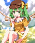  1girl alternate_costume blush bow brown_hat cabbie_hat commentary_request cosplay daiyousei dango eating fairy fairy_wings food green_eyes green_hair hair_bow hat highres holding holding_skewer long_hair orange_shirt ringo_(touhou) ringo_(touhou)_(cosplay) ruu_(tksymkw) shirt short_sleeves shorts skewer solo striped_clothes striped_shorts wagashi wings yellow_bow yellow_shorts 