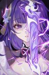  1girl black_background blunt_bangs electricity genshin_impact glowing glowing_weapon hair_ornament highres holding holding_sword holding_weapon japanese_clothes long_hair looking_at_viewer mole mole_under_eye neck_ribbon open_mouth purple_hair raiden_shogun rei_(sss35_ss3) ribbon solo sword tomoe_(symbol) violet_eyes weapon 