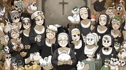  1boy 6+girls :d bird black_bow black_bowtie black_eyes black_hair blonde_hair blue_eyes blue_jay bow bowtie brown_eyes brown_hair bunny_nun_(diva) chicken closed_eyes clumsy_nun_(diva) cricket_bat cross crow diva_(hyxpk) duck duck_hat duckling english_commentary everyone facial_hair father_(diva) food freckles freckles_nun_(diva) frog frog_hat frog_headband froggy_nun_(diva) glasses glasses_nun_(diva) goose grey_hair habit hair_ornament hat hedgehog highres hungry_nun_(diva) ice_cream leaf_nun_(diva) little_nuns_(diva) mother_superior_(diva) mouse_(animal) multiple_girls nausea nervous_sweating nun ostrich owl pancake_nun_(diva) rabbit_hair_ornament red_star round_eyewear sculpture shaded_face sheep_nun_(diva) smile smug_nun_(diva) soft_serve spicy_nun_(diva) star_(symbol) star_nun_(diva) star_ornament strict_nun_(diva) sunglasses sweat toilet_paper traditional_nun turn_pale v 