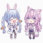  2girls :d animal_ear_fluff animal_ears antenna_hair bad_id bad_twitter_id black_gloves black_pantyhose black_skirt blue_hair braid braided_bun carrot_hair_ornament chibi closed_eyes commentary_request crown_braid don-chan_(usada_pekora) dress food-themed_hair_ornament full_body fur-trimmed_gloves fur_scarf fur_trim gloves hair_between_eyes hair_bun hair_ornament hakui_koyori hakui_koyori_(1st_costume) hands_on_own_hips hands_up hexagon_hair_ornament highres hololive lab_coat leotard leotard_under_clothes long_hair long_sleeves multicolored_hair multiple_girls necktie nekomachi_nao notice_lines open_mouth pantyhose pink_hair pink_necktie rabbit_ears rabbit_girl shirt short_eyebrows skirt smile sparkle standing thick_eyebrows twin_braids two-tone_hair usada_pekora usada_pekora_(1st_costume) very_long_hair virtual_youtuber white_background white_dress white_footwear white_hair white_shirt wolf_ears 