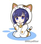  1girl animal_costume animal_ears animal_hood bell blue_eyes blue_hair cat_costume cat_ears cat_hood cat_tail chestnut_mouth chibi commentary_request fake_animal_ears fuiba_fuyu full_body gochuumon_wa_usagi_desu_ka? hair_ornament hairclip hood jingle_bell looking_at_viewer mitya neck_bell parted_lips paw_pose simple_background solo tail twitter_username white_background 
