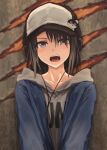 1girl bad_id bad_twitter_id bang_dream! baseball_cap black_hair black_hat black_headphones blue_jacket blurry blurry_background bullfalk clothes_writing collarbone grey_eyes grey_hoodie hat headphones highres hood hood_down hoodie jacket looking_at_viewer medium_hair michelle_(bang_dream!) okusawa_misaki open_clothes open_jacket open_mouth solo teeth two-tone_hat upper_body upper_teeth_only v_arms white_hat 