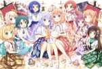  6+girls :d absurdres angora_rabbit animal anko_(gochiusa) aoyama_blue_mountain bare_arms bare_shoulders black_hair blonde_hair blue_eyes blue_hair blue_ribbon blue_skirt blush braid brown_eyes brown_hair brown_neckerchief brown_ribbon brown_sailor_collar brown_skirt character_request collared_shirt commentary_request cup drill_hair flower fuiba_fuyu gochuumon_wa_usagi_desu_ka? green_eyes green_hair green_skirt hair_flower hair_ornament hairclip highres holding holding_animal holding_cup hoto_cocoa hoto_mocha jinja_eru jinja_natsume jouga_maya kafuu_chino karede_yura kirima_syaro light_brown_hair long_hair low_twintails matching_outfits mate_rin mug multiple_girls natsu_megumi neck_ribbon neckerchief parted_bangs pink_skirt plaid plaid_skirt purple_hair purple_skirt rabbit red_eyes redhead ribbon sailor_collar shirt short_sleeves skirt sleeveless sleeveless_shirt smile stick_jitb tedeza_rize tippy_(gochiusa) toasting_(gesture) twin_braids twin_drills twintails ujimatsu_chiya very_long_hair violet_eyes white_flower white_shirt wide_sleeves wild_geese 