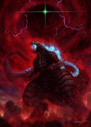  colored_smoke fangs giant giant_monster glowing_mouth godzilla godzilla_(series) godzilla_singular_point godzilla_ultima kaijuu lightning monster no_humans open_mouth scales sharp_teeth smoke spikes spines tail tatsuya_(atelier_road) teeth very_long_tail 