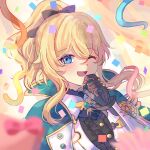  1girl ;d black_gloves blonde_hair blue_capelet blue_eyes capelet commentary confetti genshin_impact gloves hand_up jean_(genshin_impact) long_hair maron_star one_eye_closed open_mouth ponytail smile solo upper_body 